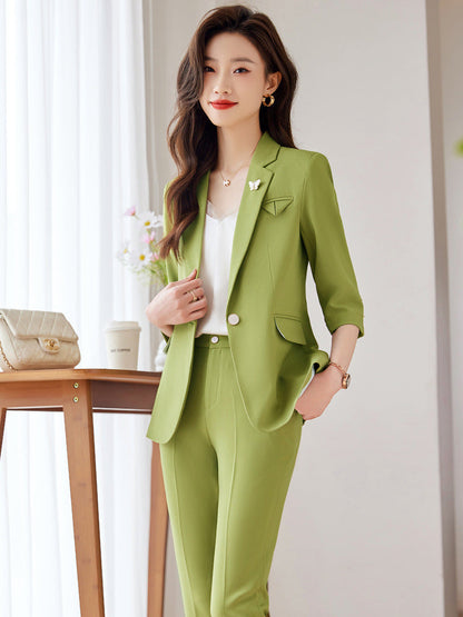 绿色西装套装女夏季薄款2023新款高级感职业装休闲西服外套工作服