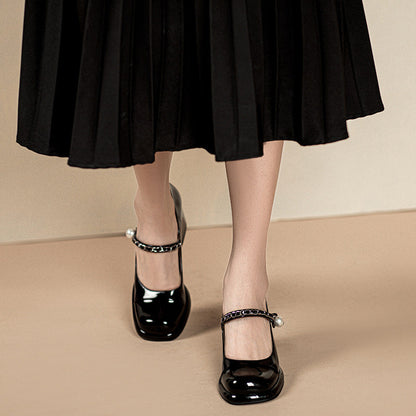 TEAHOO玛丽珍鞋春季黑白拼色粗跟JK女鞋金属链少女高跟鞋厂家直销