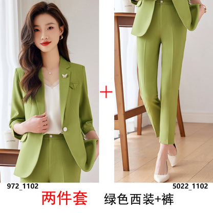绿色西装套装女夏季薄款2023新款高级感职业装休闲西服外套工作服